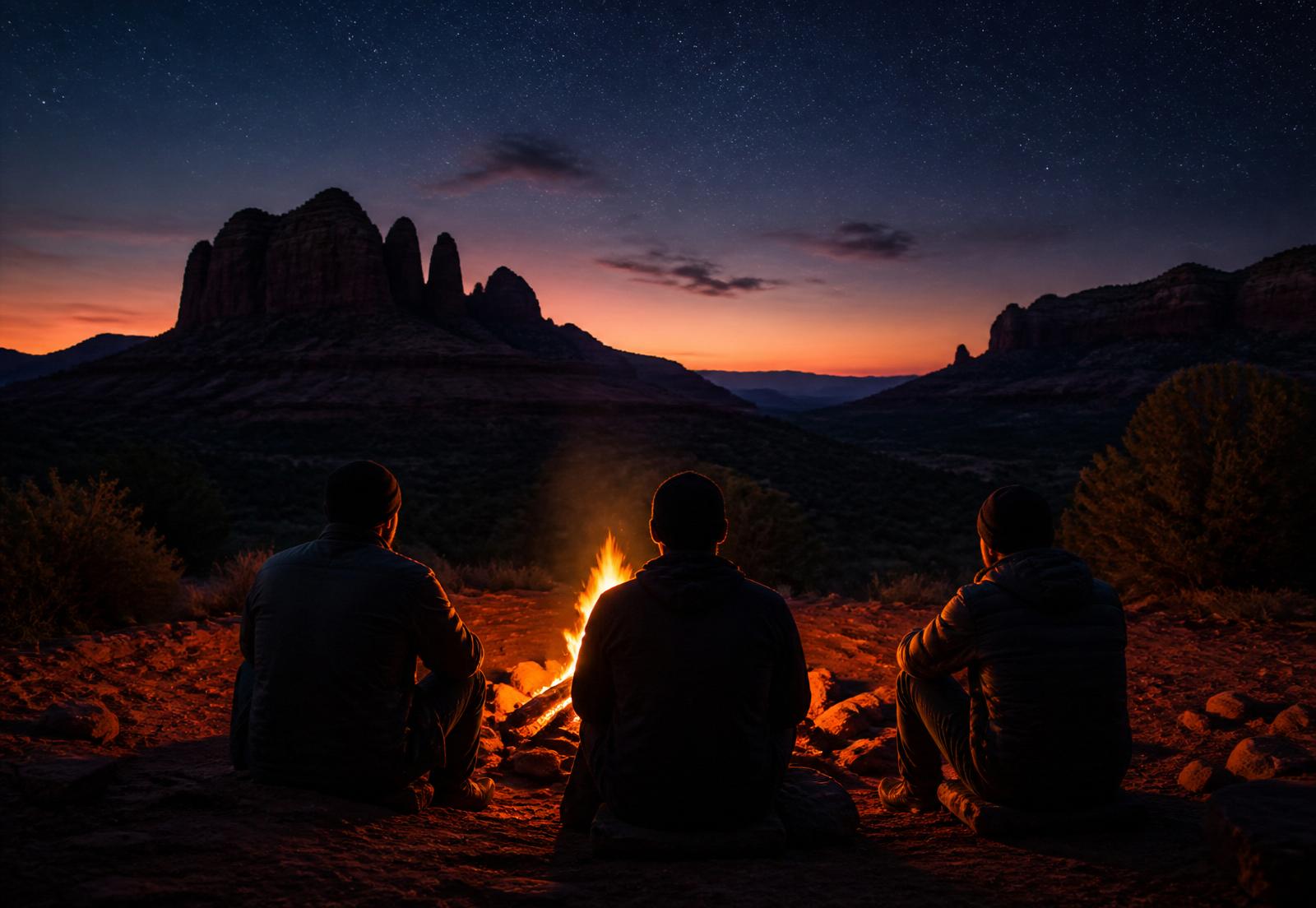 Men in conversation around a campfire under a starry Arizona sky