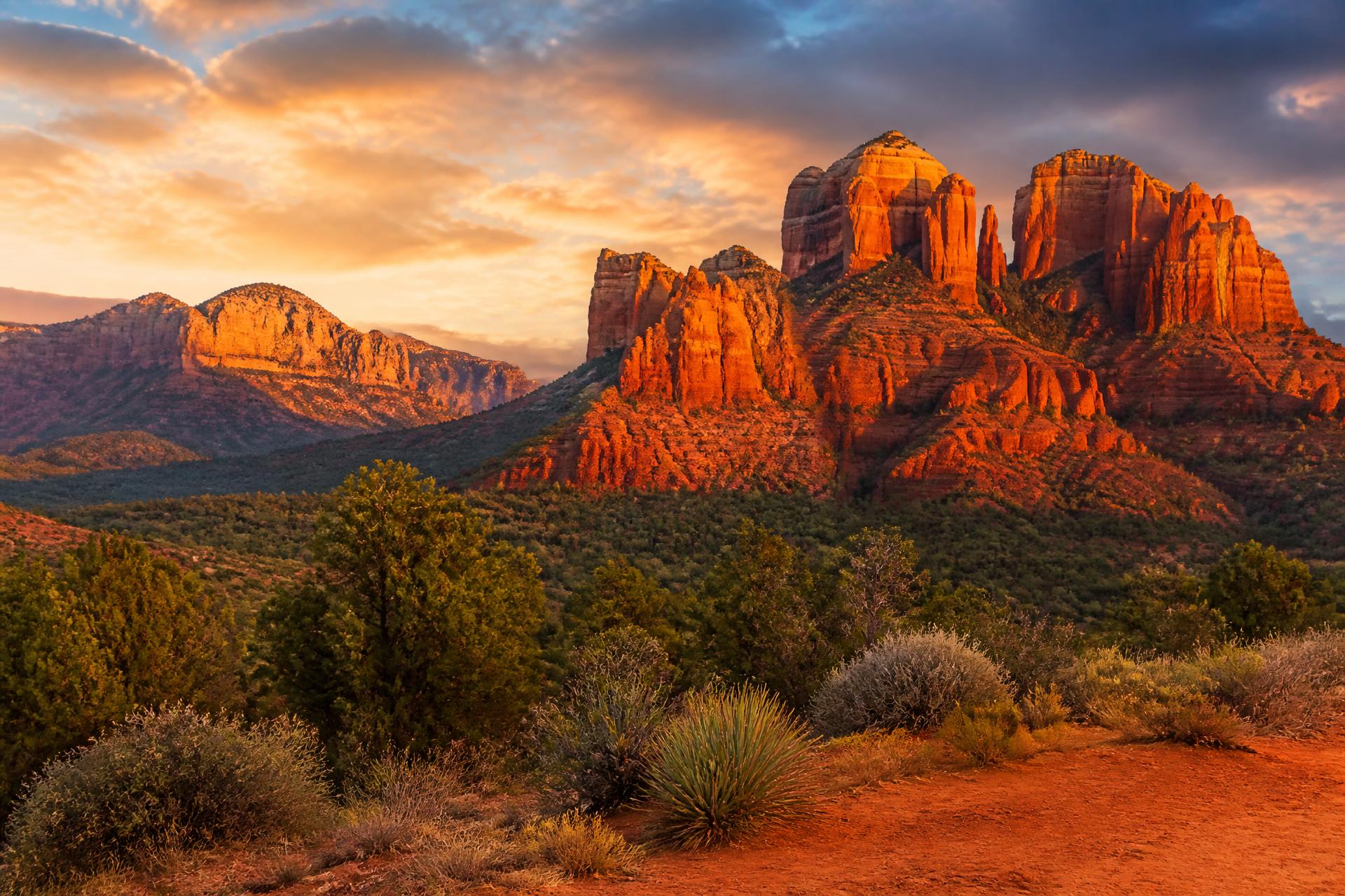 Red sandstone formations glowing at sunset in Sedona, Arizona