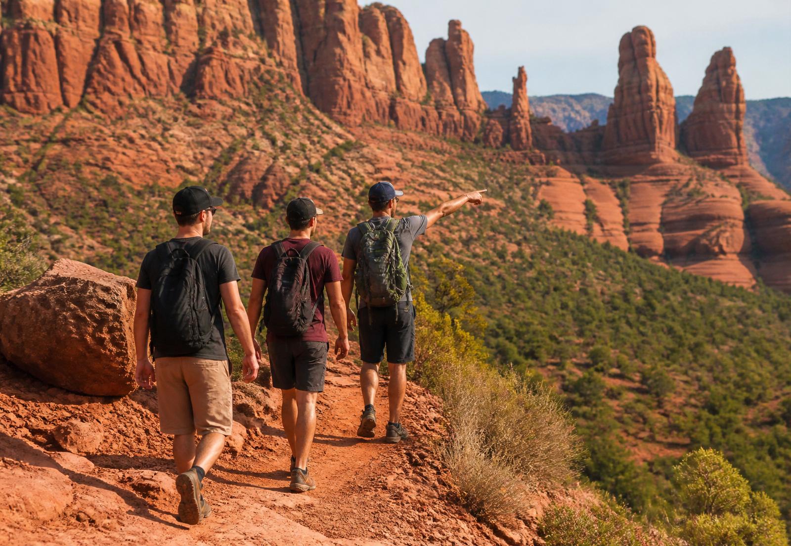 A group of men hiking a red-rock trail in Sedona, Arizona